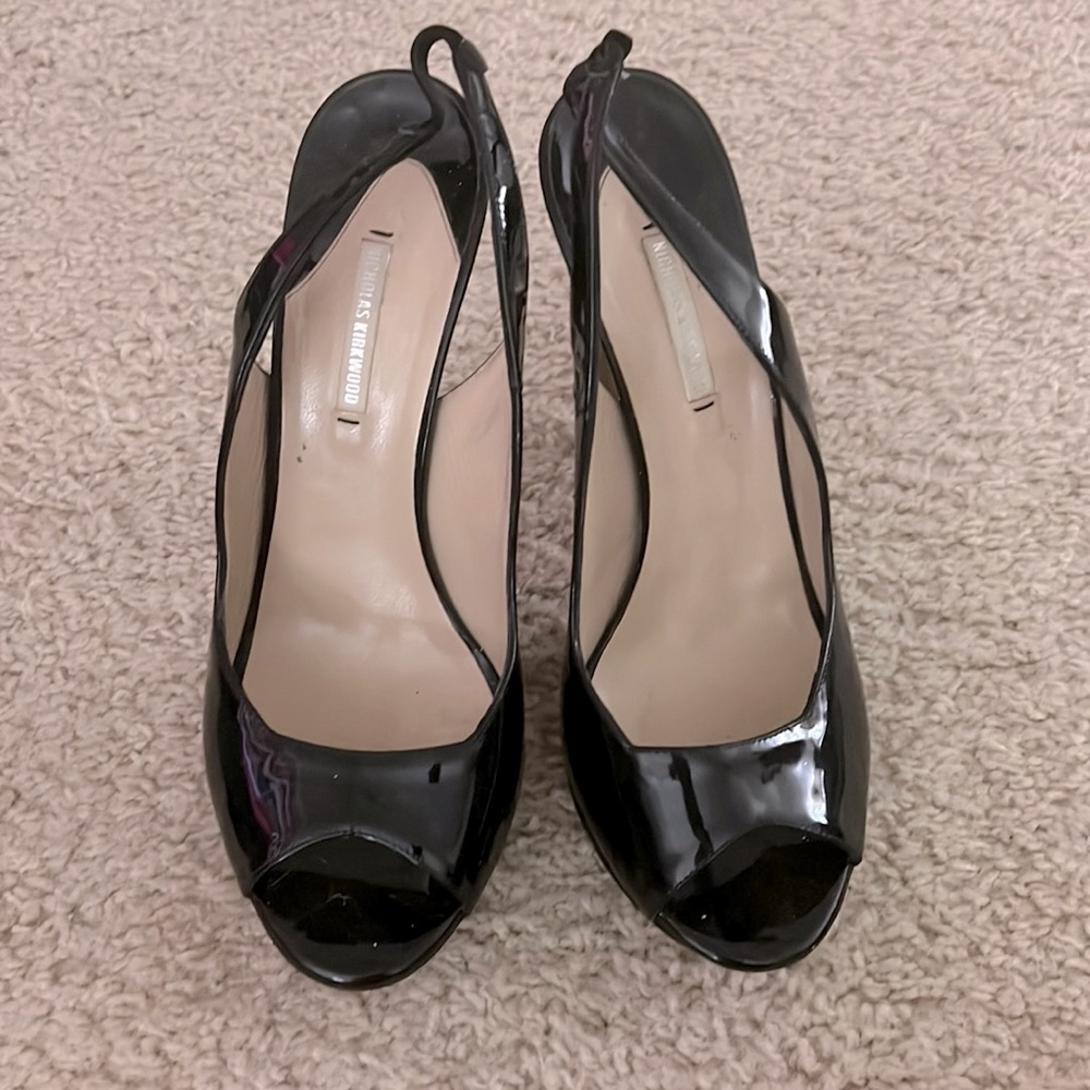 Beautiful Patent peep toe sling back platform sandals